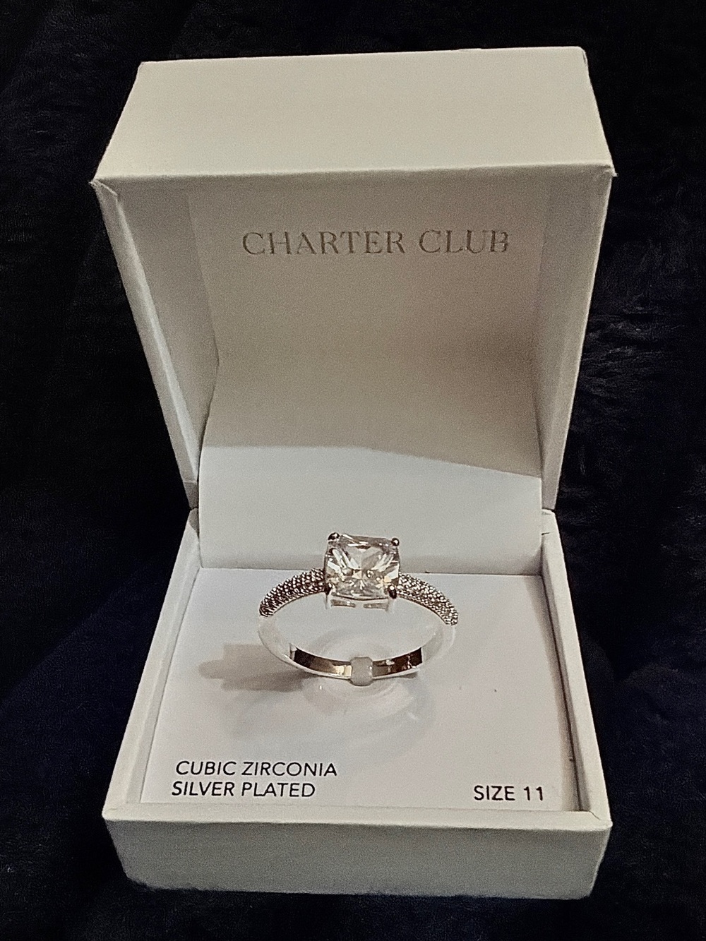 NWT Charter Club Silver Plated CZ Statement Ring Size 11 w/ Original Gift Box